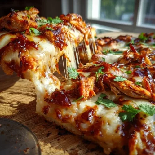 Mouth-watering BBQ chicken flatbread with melted cheese pull, caramelized chicken, peppers and fresh cilantro on golden crispy flatbread