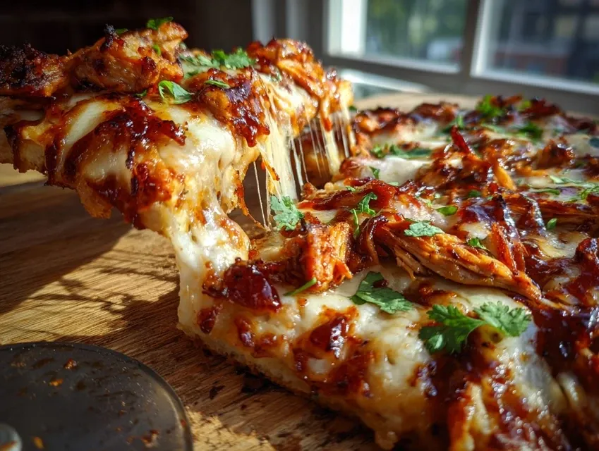 Mouth-watering BBQ chicken flatbread with melted cheese pull, caramelized chicken, peppers and fresh cilantro on golden crispy flatbread