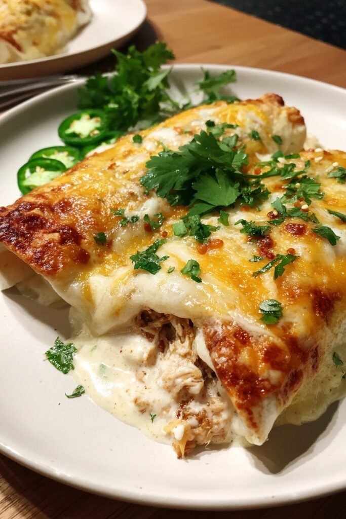 Jalapeño popper chicken enchiladas smothered in creamy sauce and melted cheese showing cross-section with spicy creamy filling