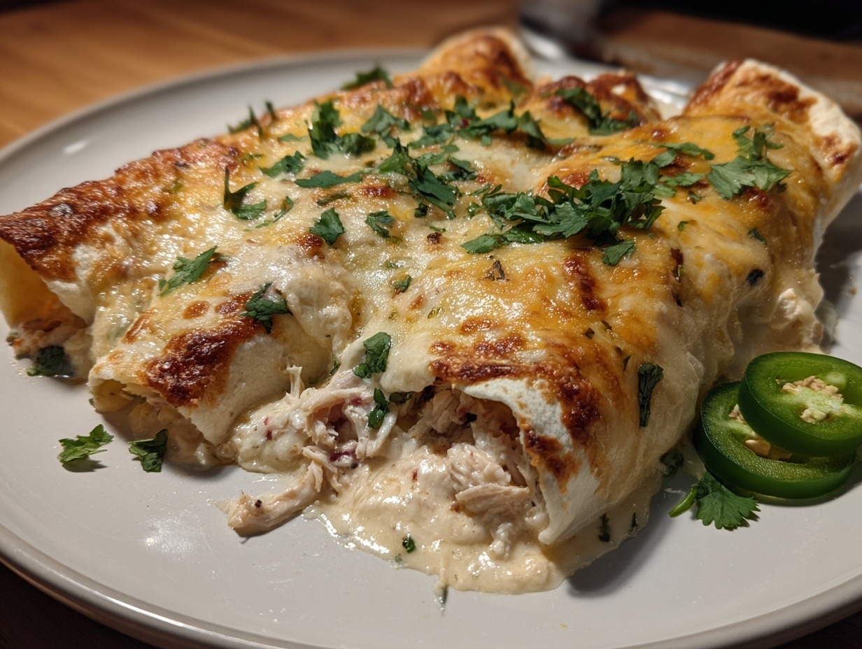 Jalapeño popper chicken enchiladas smothered in creamy sauce and melted cheese showing cross-section with spicy creamy filling