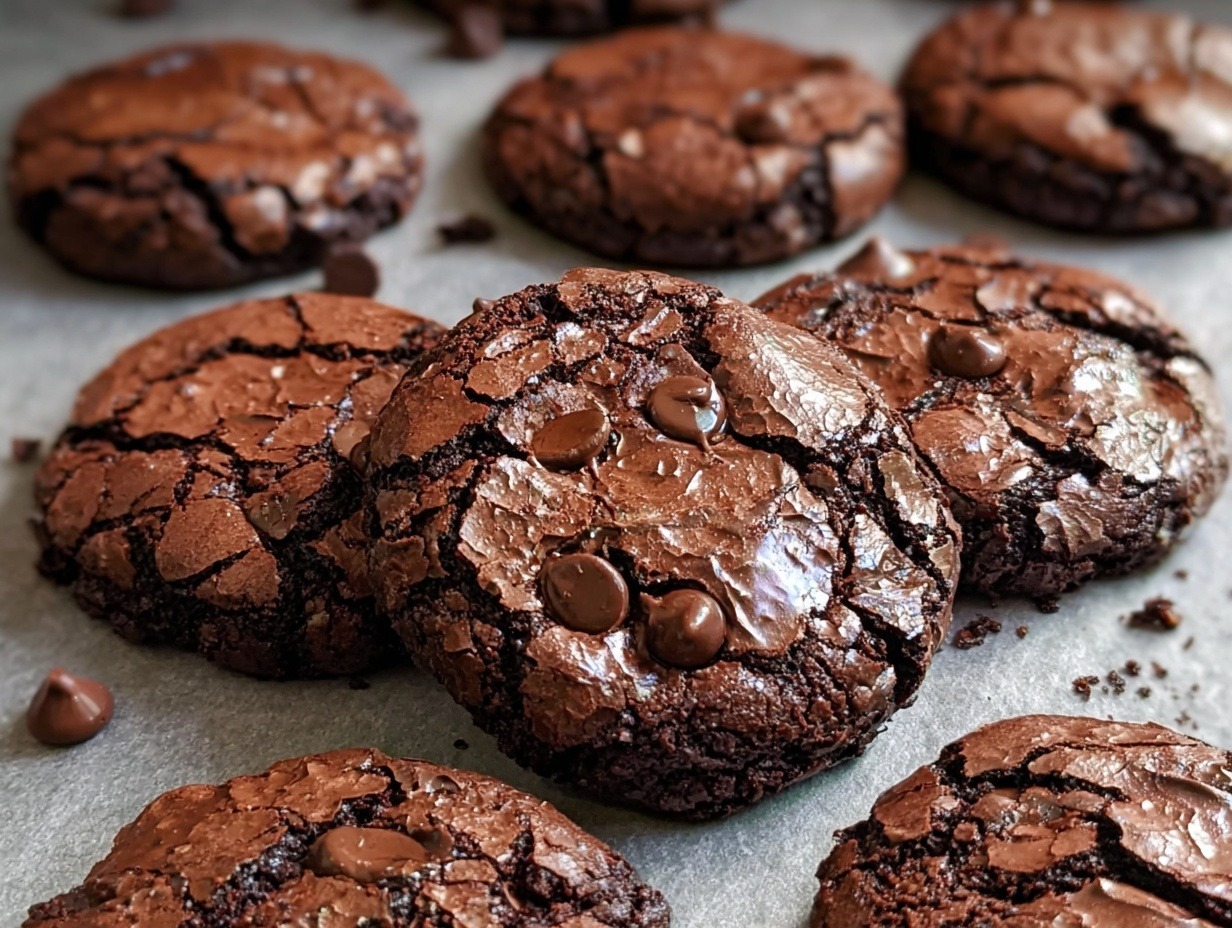 Realistic fudgy chocolate brownie cookies on parchment paper showing authentic homemade results with natural variations in size and browning