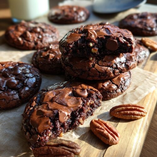 Realistic fudgy brownie cookies on parchment paper showing authentic homemade results with natural variations in size and browning