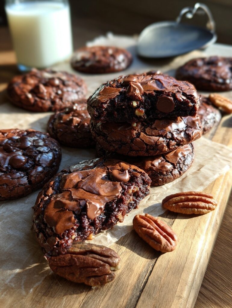 Realistic fudgy brownie cookies on parchment paper showing authentic homemade results with natural variations in size and browning