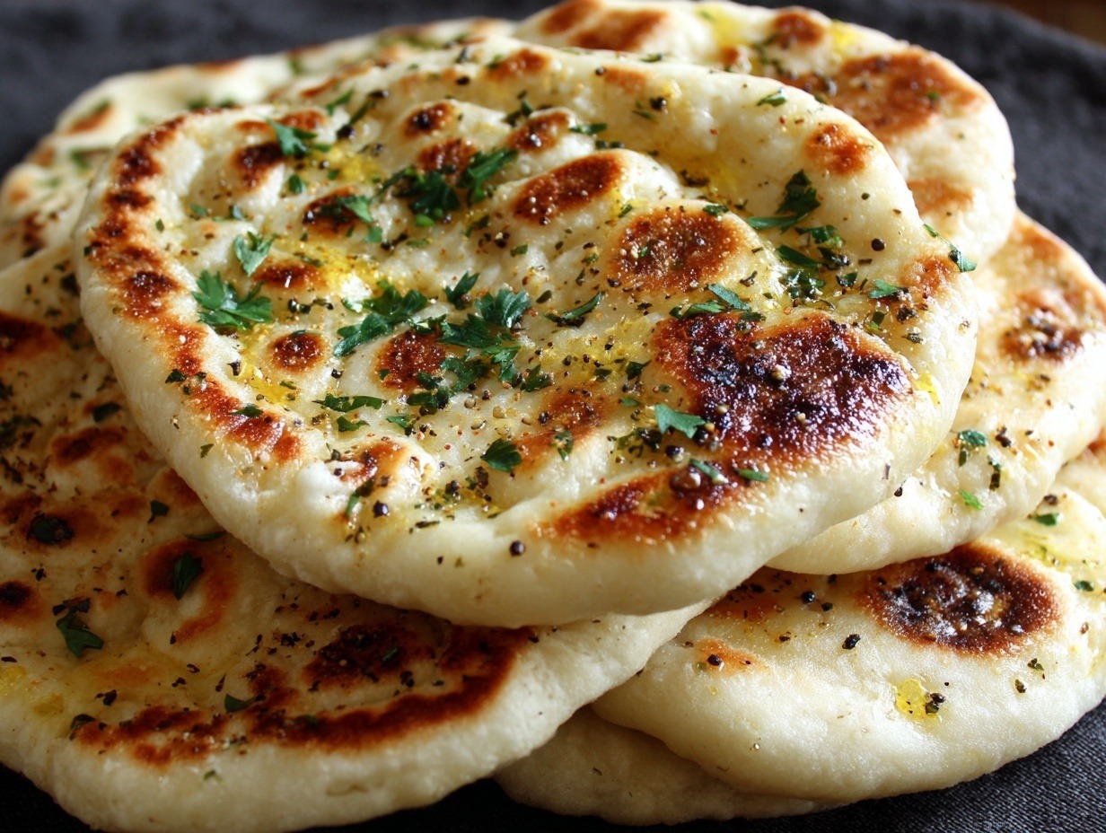 Stack of homemade Turkish bread Bazlama showing realistic golden-brown spots, butter glaze, and authentic puffed texture achievable at home