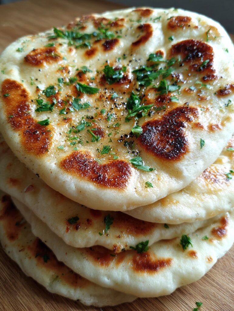 Stack of homemade no-oven Turkish bread Bazlama showing realistic golden-brown spots, butter glaze, and authentic puffed texture achievable at home