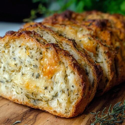 Italian Herbs and Cheese Bread loaf with melted mozzarella and parmesan, golden crust and visible herbs on top.