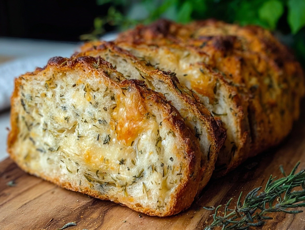 Italian Herbs and Cheese Bread loaf with melted mozzarella and parmesan, golden crust and visible herbs on top.