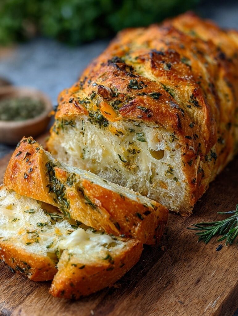 Italian herbs and cheese bread loaf with melted mozzarella and parmesan, golden crust and visible herbs on top.