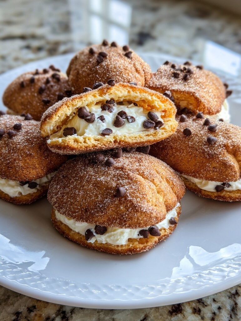 Golden cannoli sandwich cookies with cinnamon-sugar coating and ricotta chocolate chip filling on white plate