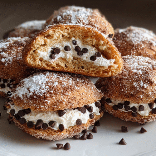 Golden cannoli sandwich cookies with cinnamon-sugar coating and ricotta chocolate chip filling on white plate
