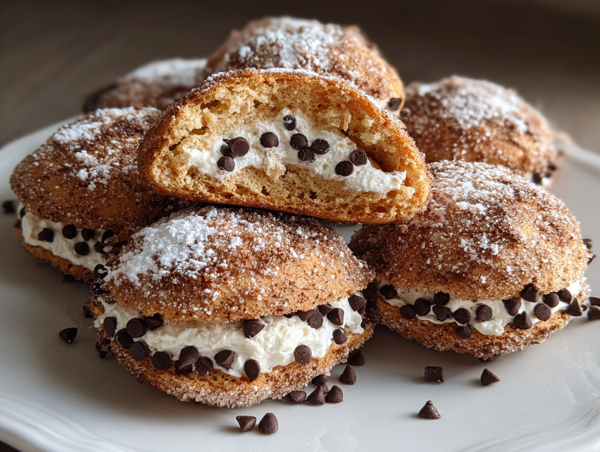 Golden cannoli sandwich cookies with cinnamon-sugar coating and ricotta chocolate chip filling on white plate
