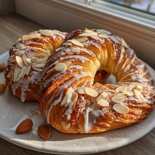 Two golden homemade almond kringles with white glaze and sliced almonds on white plate showing flaky pastry layers