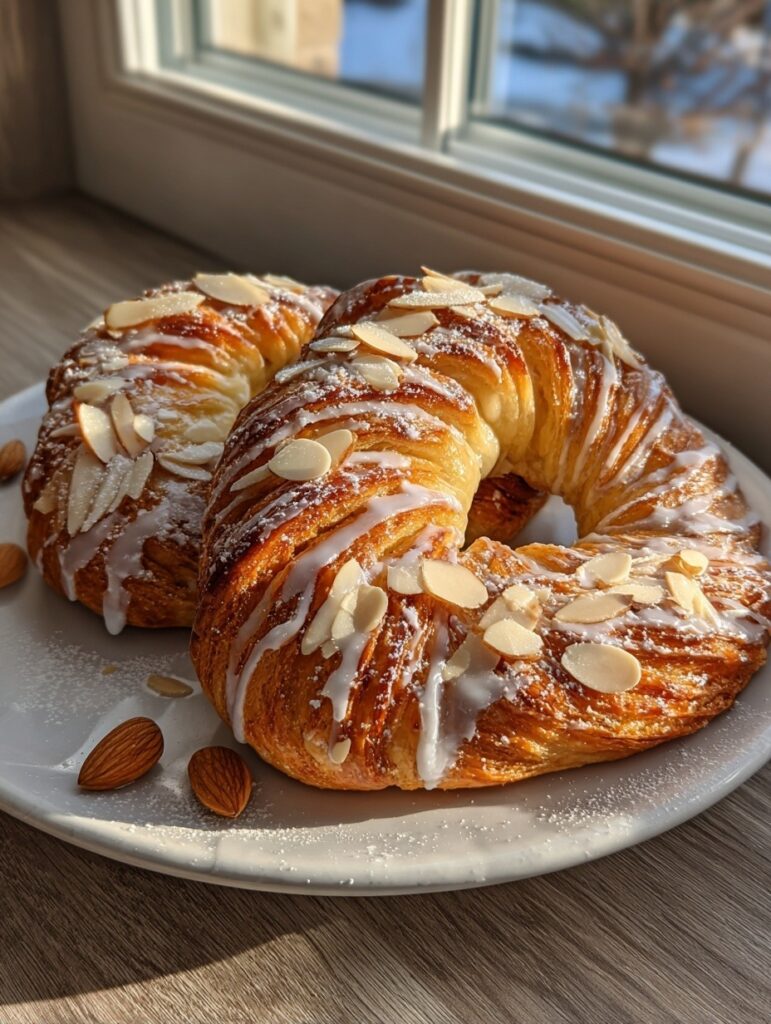 Two golden homemade almond kringles with white glaze and sliced almonds on white plate showing flaky pastry layers