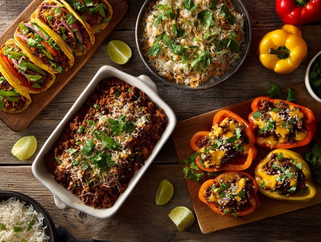 Collection of easy ground beef dinners including tacos, casserole, and pasta dishes on rustic wooden table