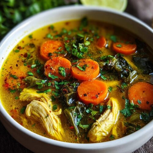 Anti-inflammatory turmeric chicken soup in bowl with golden yellow broth, showing tender chicken pieces, carrots, rice and fresh cilantro garnish