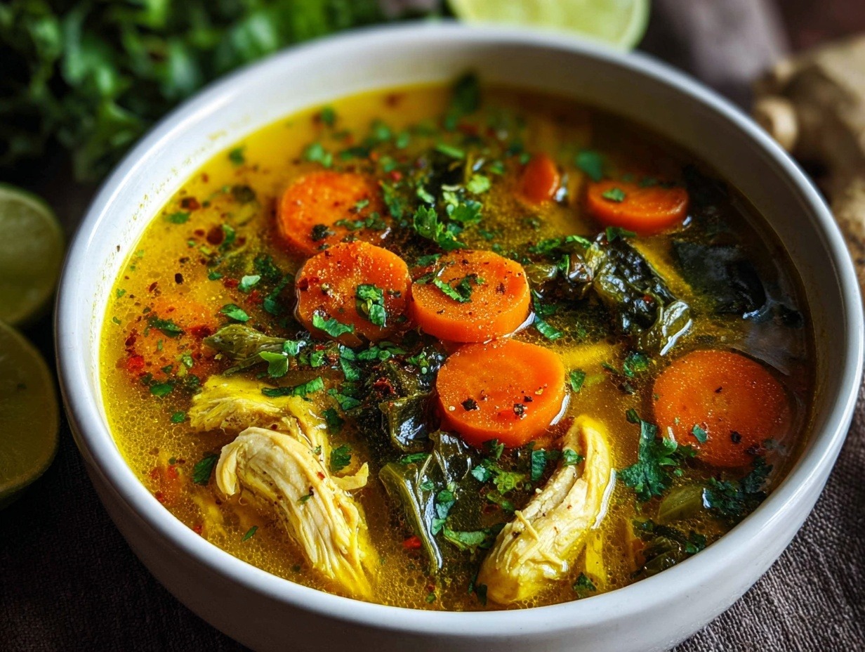 Anti-inflammatory turmeric chicken soup in bowl with golden yellow broth, showing tender chicken pieces, carrots, rice and fresh cilantro garnish