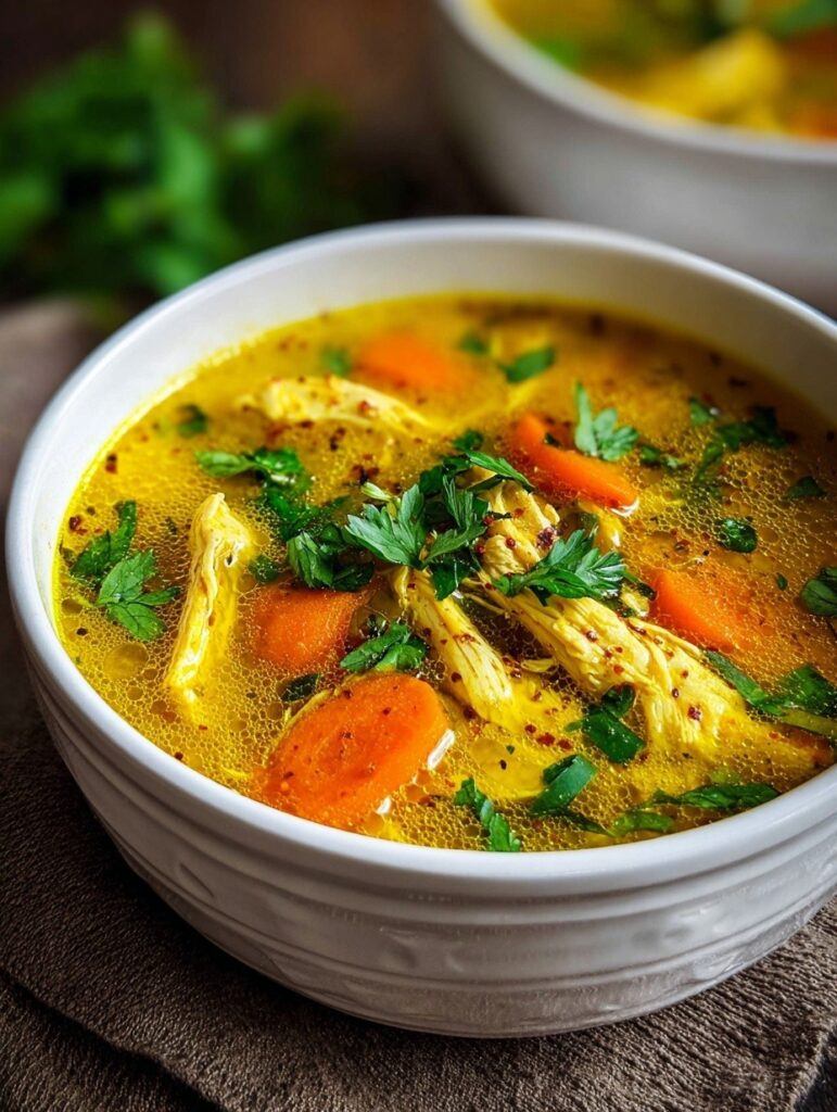 Anti-inflammatory turmeric chicken soup in bowl with golden yellow broth, showing tender chicken pieces, carrots, rice and fresh cilantro garnish