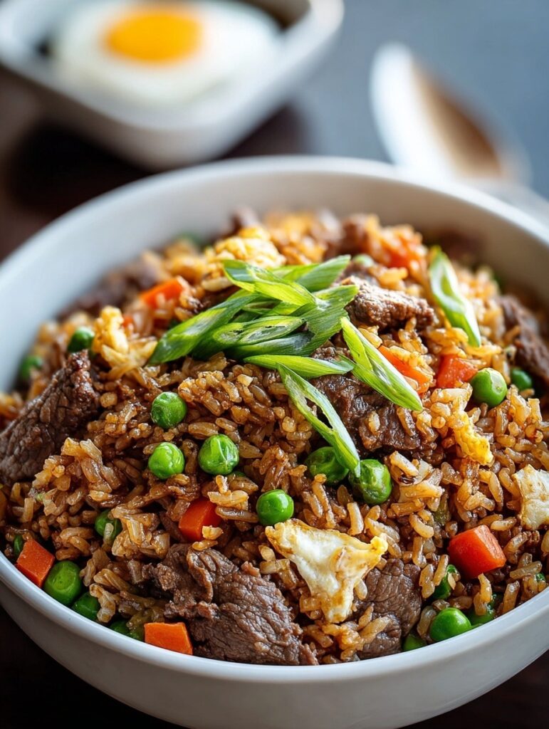 Beef fried rice in wok with ground beef, scrambled eggs, mixed vegetables, and green onions, served with chopsticks