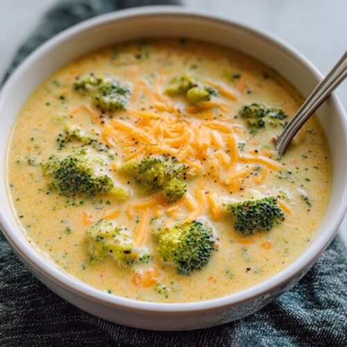 Thick creamy broccoli cheddar soup in white bowl with bright green broccoli florets, orange carrots, melted sharp cheddar cheese, and crusty bread on wooden table