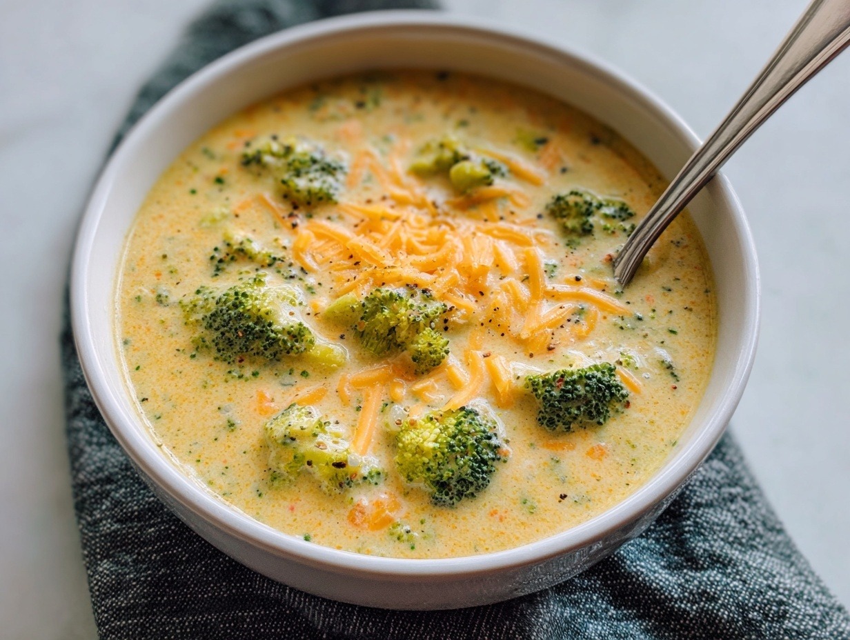 Thick creamy broccoli cheddar soup in white bowl with bright green broccoli florets, orange carrots, melted sharp cheddar cheese, and crusty bread on wooden table