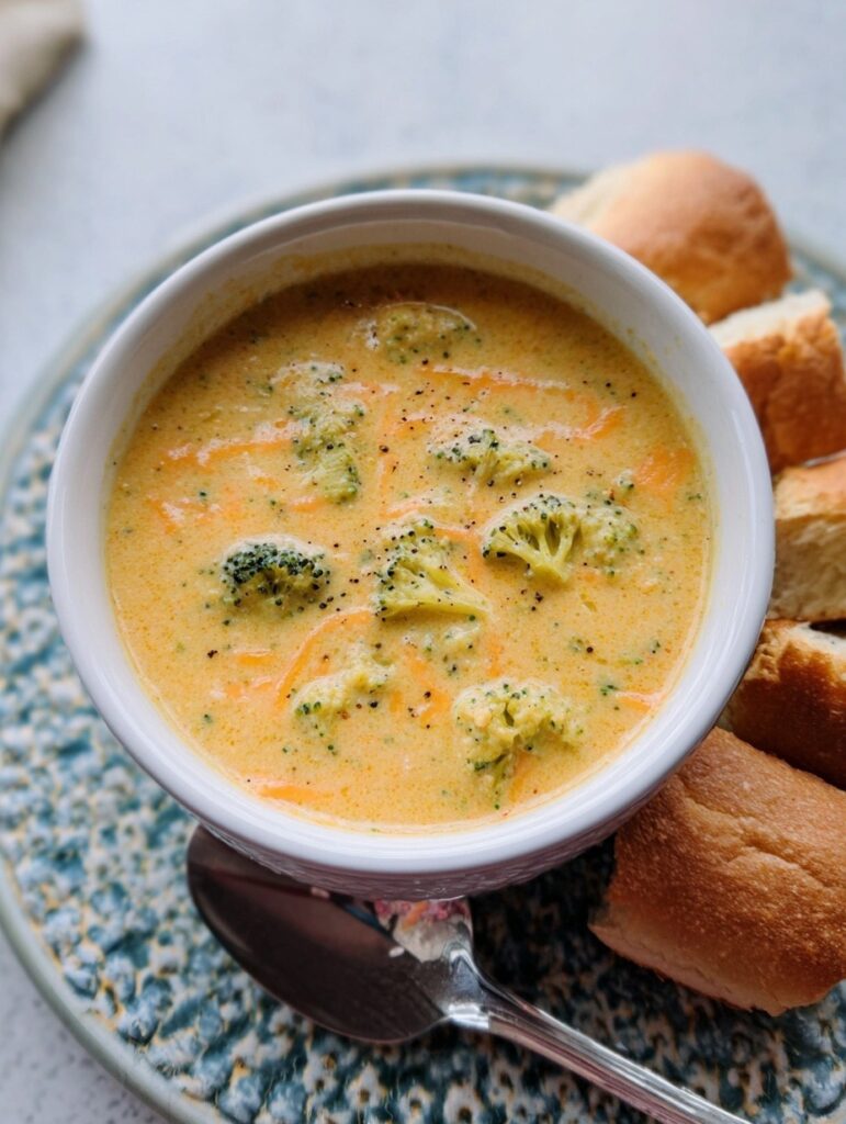 Thick creamy broccoli cheddar soup in white bowl with bright green broccoli florets, orange carrots, melted sharp cheddar cheese, and crusty bread on wooden table