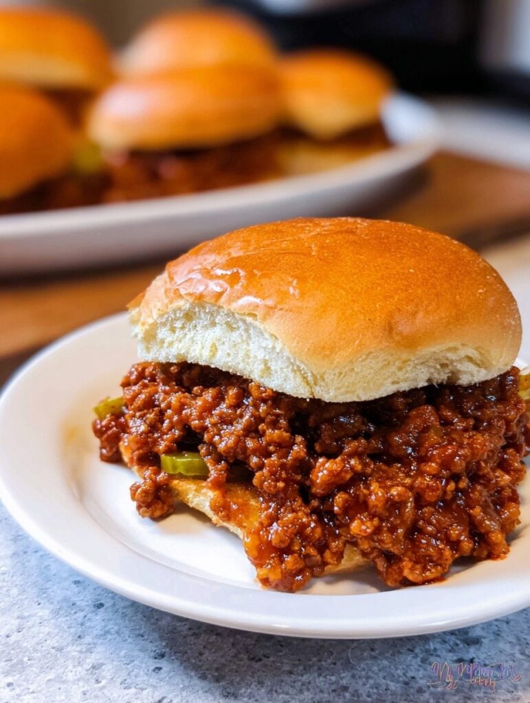 Homemade sloppy joes with seasoned ground beef on toasted hamburger buns with pickles and chips