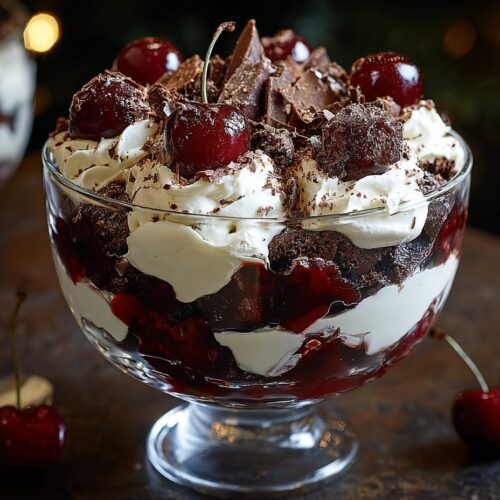 Black Forest Trifle in clear glass dish showing layers of chocolate cake, vanilla pudding, cherries, and whipped cream topped with chocolate shavings