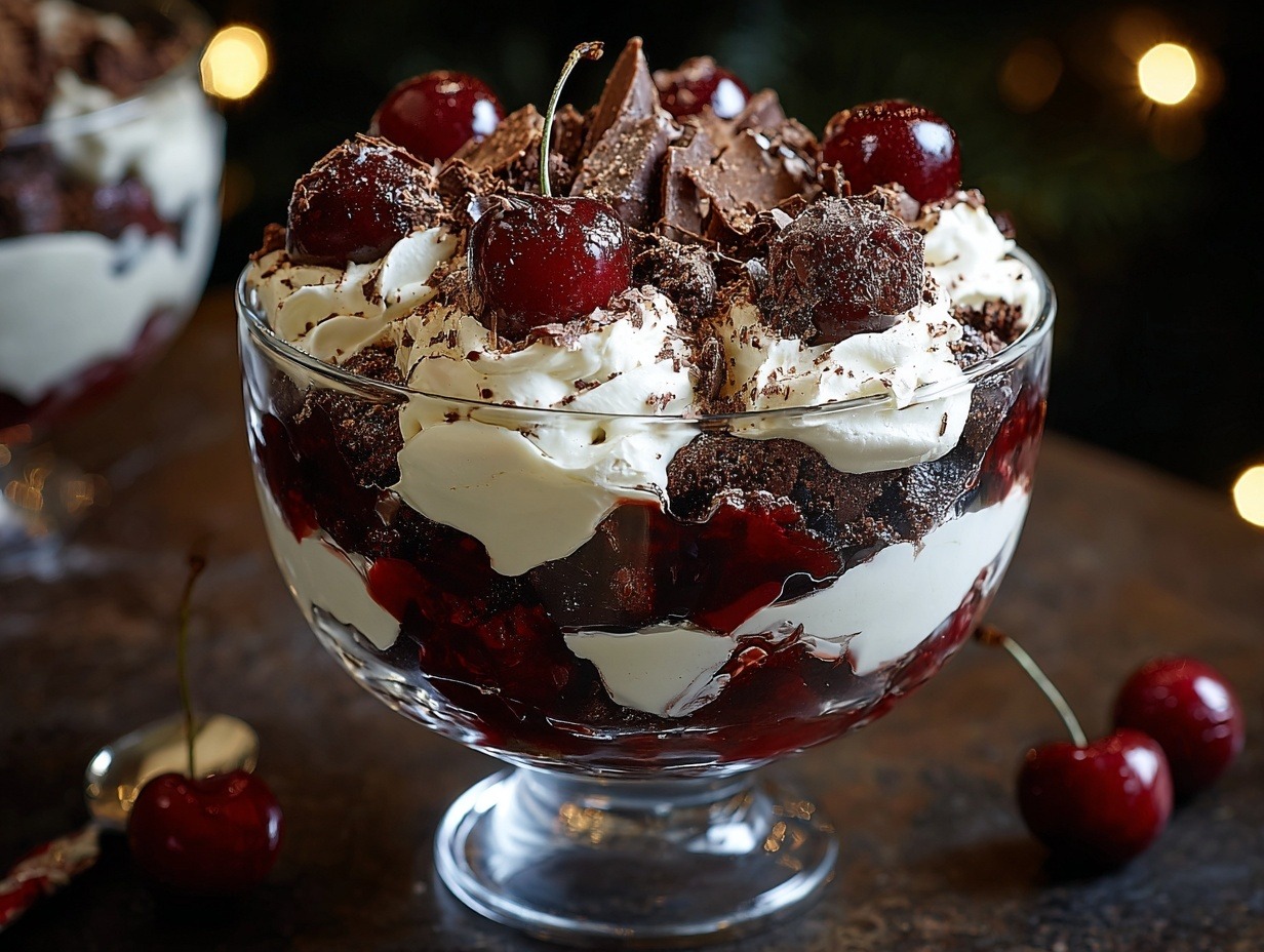 Black Forest Trifle in clear glass dish showing layers of chocolate cake, vanilla pudding, cherries, and whipped cream topped with chocolate shavings