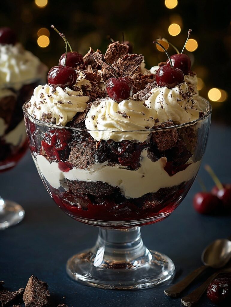 Black Forest Trifle in clear glass dish showing layers of chocolate cake, vanilla pudding, cherries, and whipped cream topped with chocolate shavings