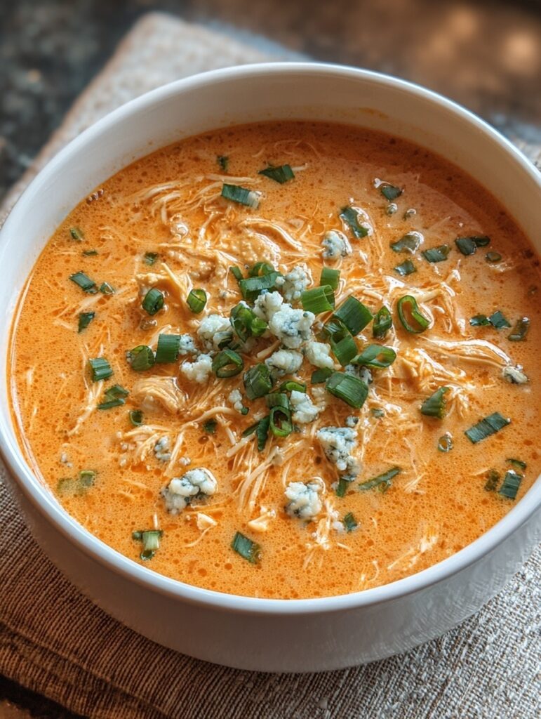 Buffalo chicken soup in bowl with shredded chicken in spicy creamy orange broth topped with blue cheese crumbles and green onion