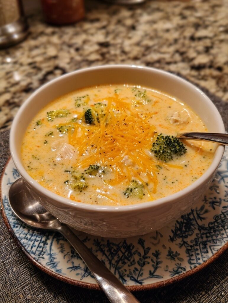 Cheesy chicken broccoli soup in bowl with tender chicken, fresh broccoli florets, and melted cheddar cheese in creamy broth