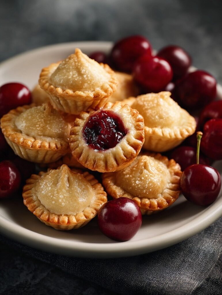 Golden flaky cherry pie bites on white plate with one broken open showing red cherry filling and buttery crust layers
