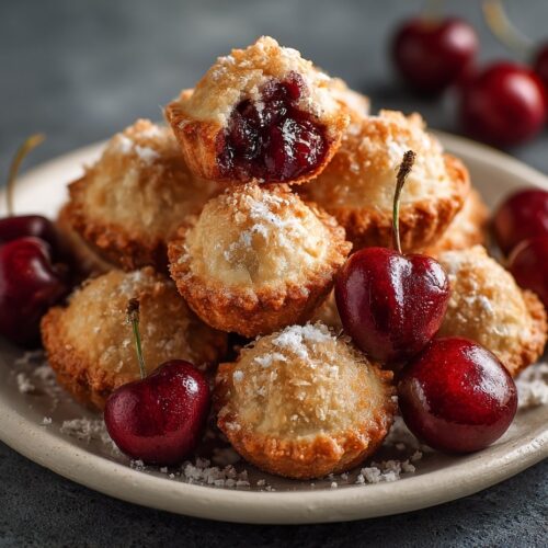 Golden flaky cherry pie bites on white plate with one broken open showing red cherry filling and buttery crust layers