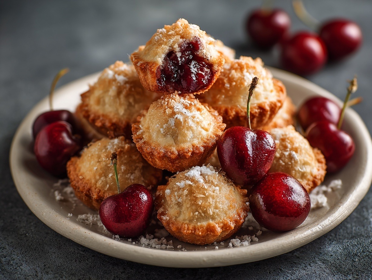 Golden flaky cherry pie bites on white plate with one broken open showing red cherry filling and buttery crust layers