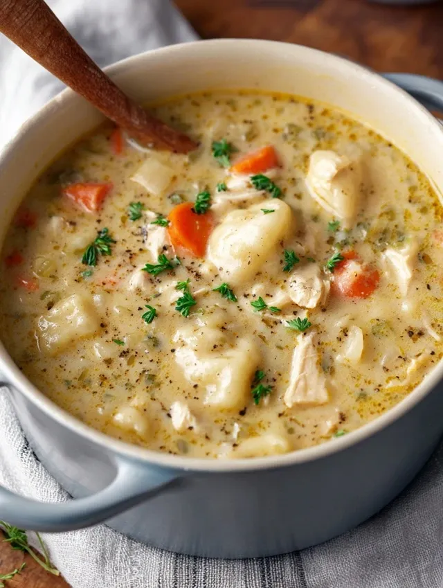 Chicken and dumplings soup in bowl with tender shredded chicken, vegetables, and fluffy biscuit dumplings in creamy broth