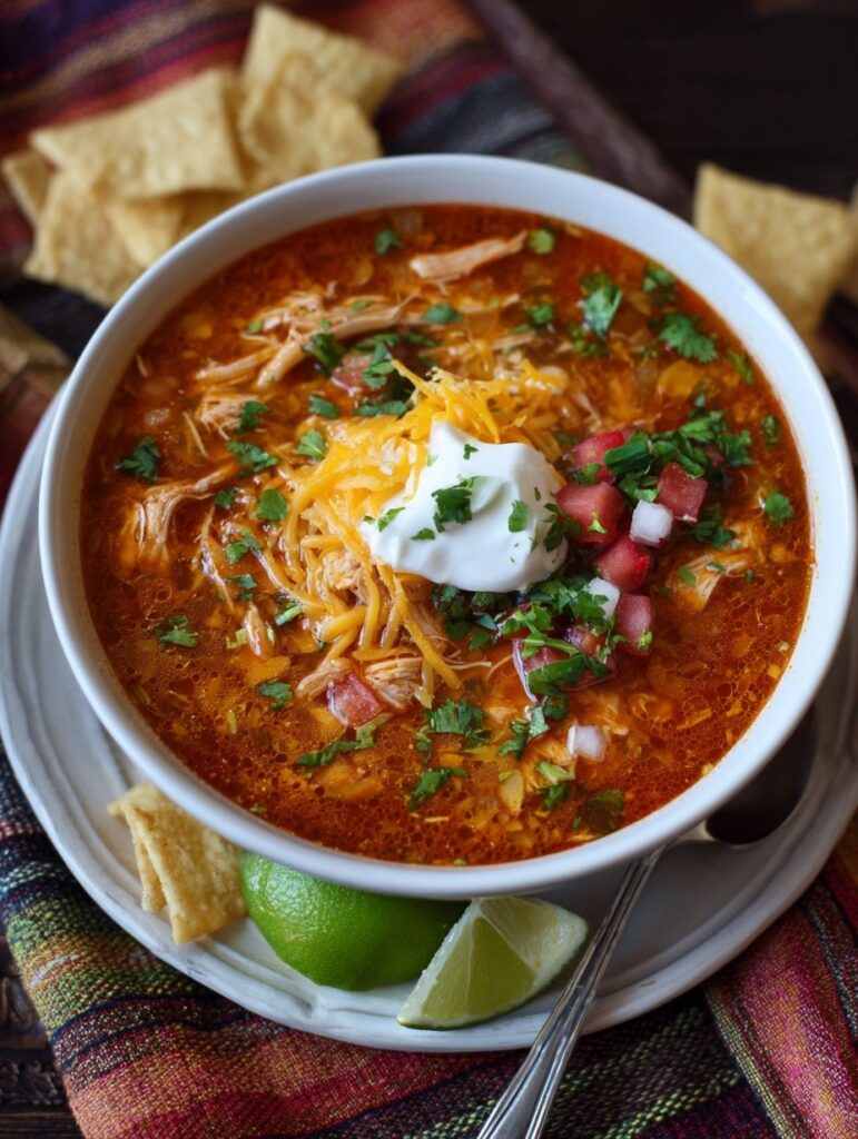 Chicken enchilada soup in bowl with shredded chicken, black beans, corn in creamy enchilada broth topped with tortilla strips and avocado