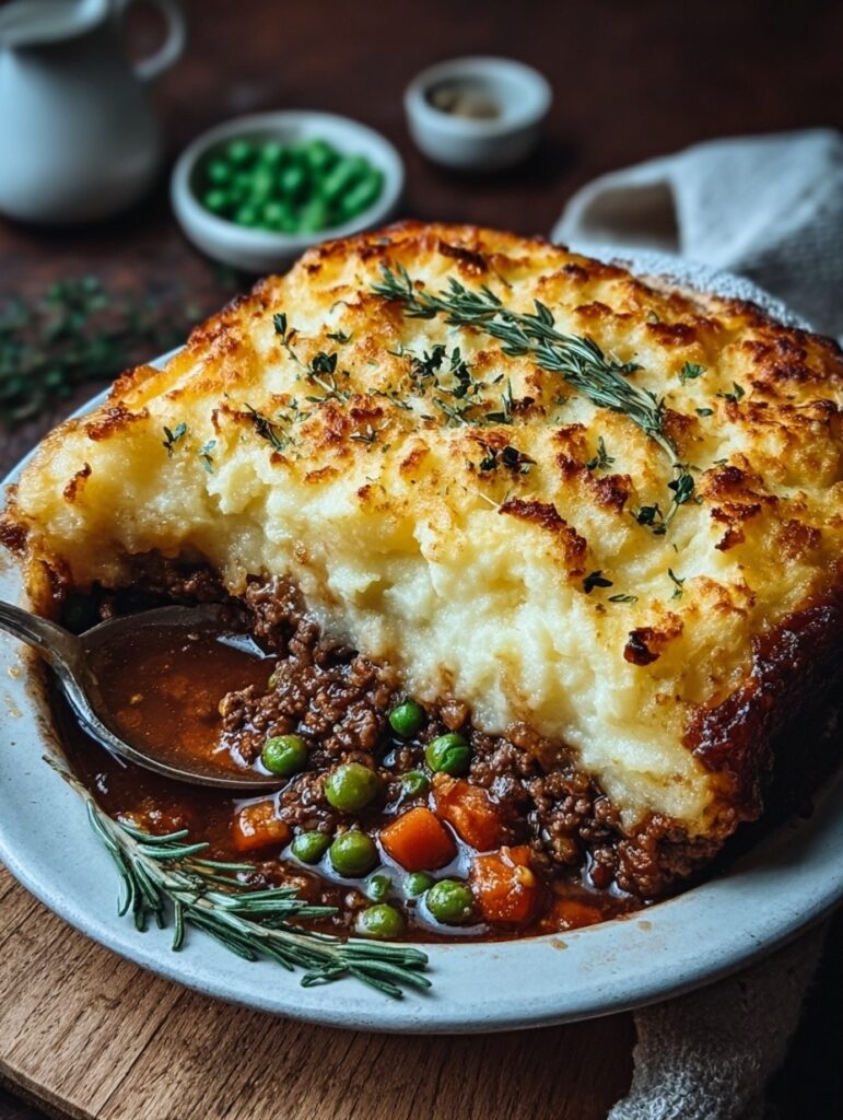 Classic shepherd's pie with seasoned ground beef and vegetables topped with golden creamy mashed potatoes in baking dish
