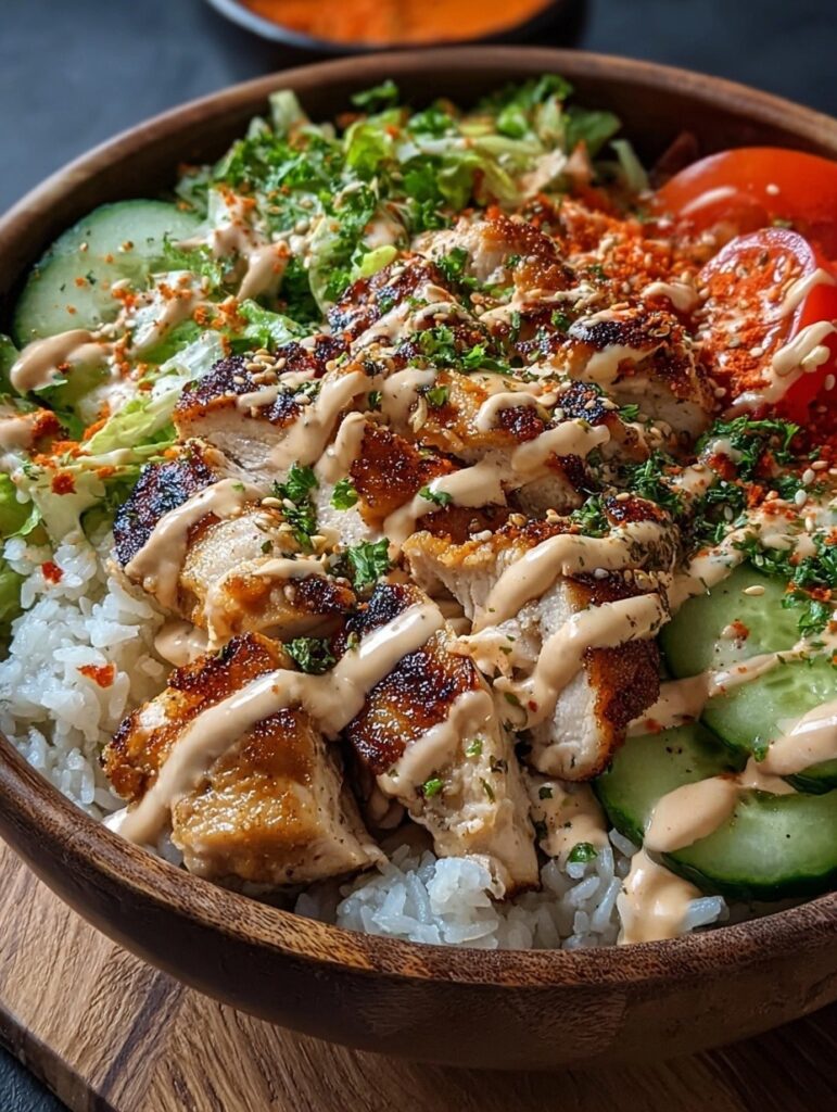 Creamy angel chicken bowl with golden chicken, colorful vegetables, and glossy creamy sauce served over fluffy white rice, garnished with green onions, sesame seeds, and avocado