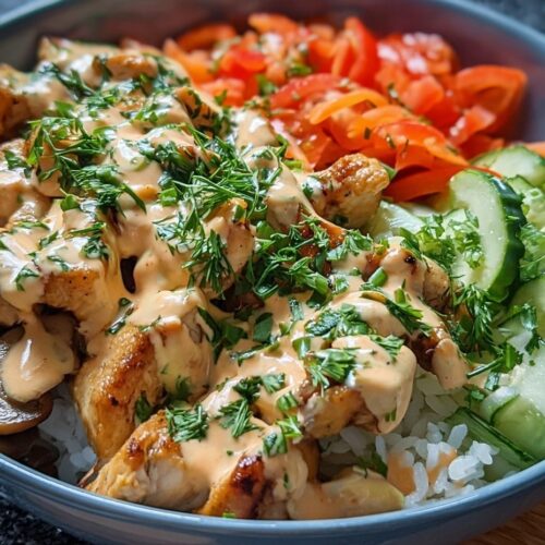Creamy angel chicken bowl with golden chicken, colorful vegetables, and glossy creamy sauce served over fluffy white rice, garnished with green onions, sesame seeds, and avocado