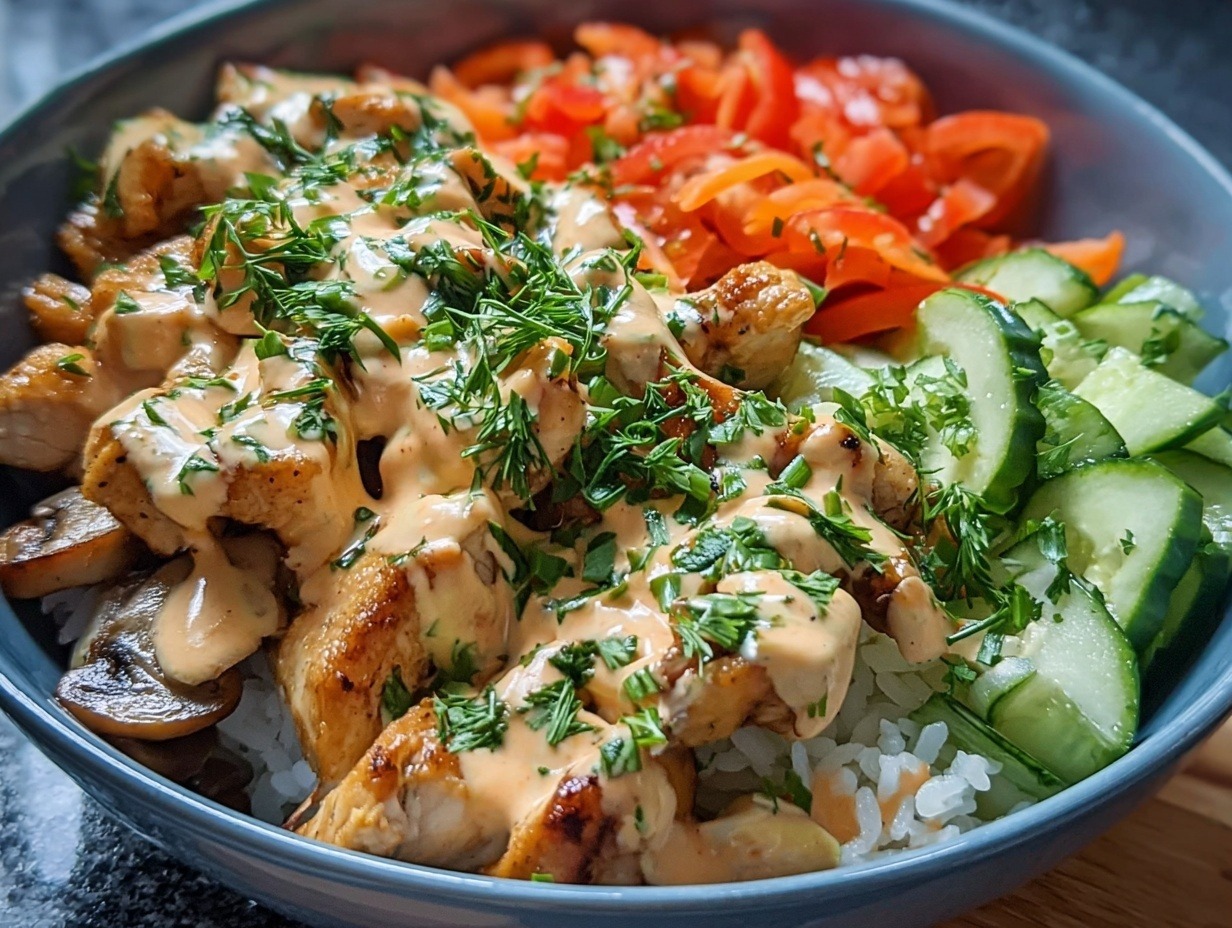 Creamy angel chicken bowl with golden chicken, colorful vegetables, and glossy creamy sauce served over fluffy white rice, garnished with green onions, sesame seeds, and avocado