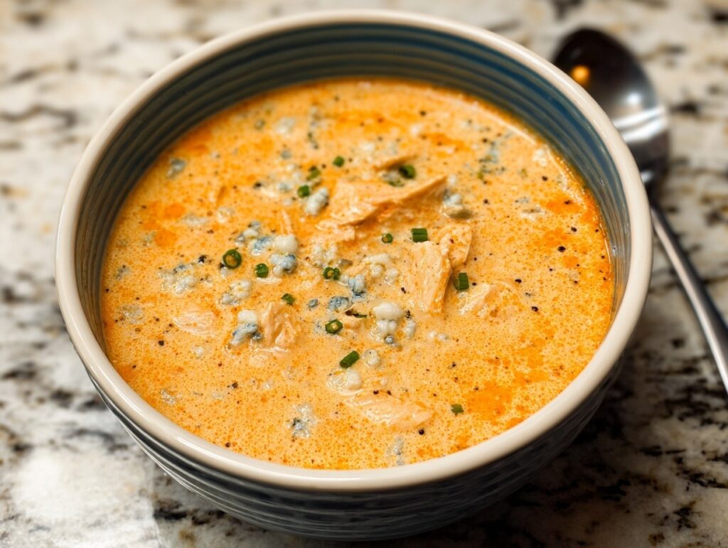 Creamy buffalo chicken soup in white bowl with tender chicken, Frank's Red Hot sauce, blue cheese crumbles, fresh scallions, carrots, and celery on wooden board