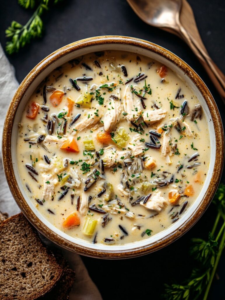 Creamy chicken and wild rice soup in white bowl with tender shredded chicken, wild rice, and vegetables in rich creamy broth