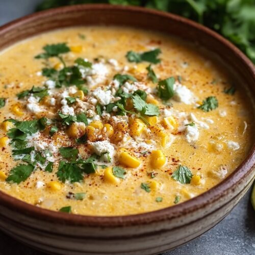 Bowl of creamy Mexican street corn soup with fire-roasted corn, shredded chicken, topped with queso fresco, cilantro and lime wedge