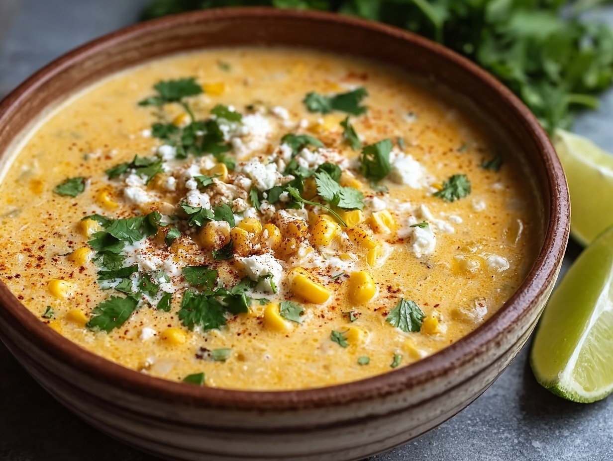 Bowl of creamy Mexican street corn soup with fire-roasted corn, shredded chicken, topped with queso fresco, cilantro and lime wedge