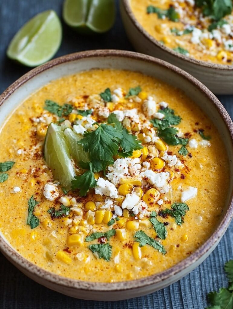 Bowl of creamy Mexican street corn soup with fire-roasted corn, shredded chicken, topped with queso fresco, cilantro and lime wedge