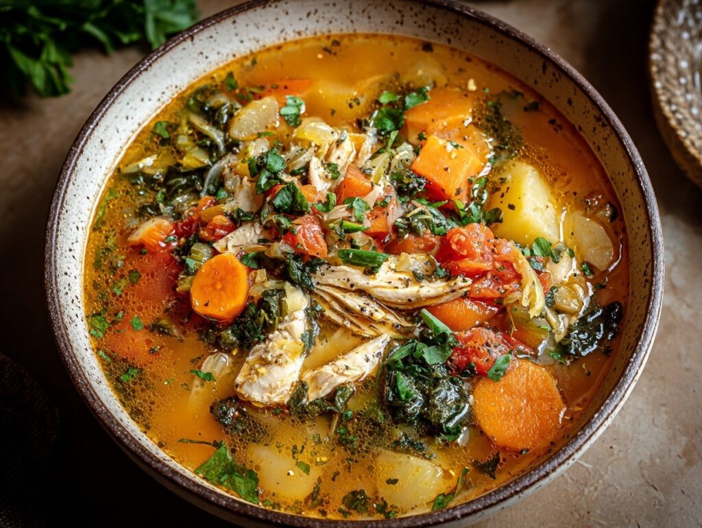 Creamy Tuscan chicken soup in white bowl with tender rotisserie chicken, fresh kale, carrots, zucchini, tomatoes, heavy cream, Parmesan cheese, and fresh parsley on wooden board