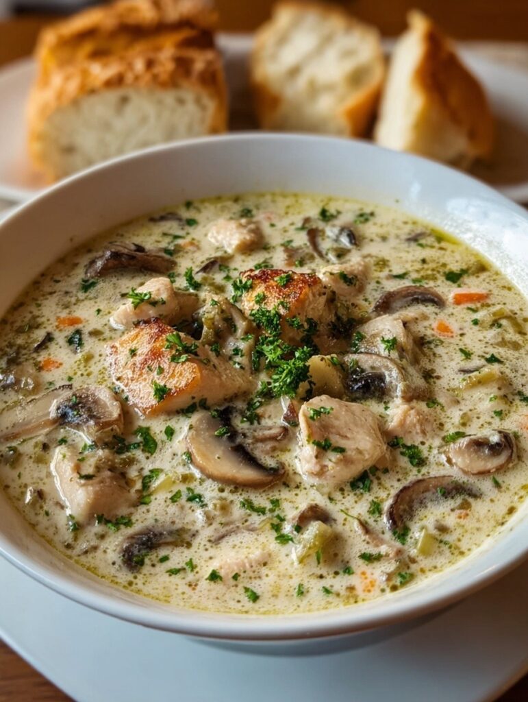 Creamy chicken and mushroom soup in bowl with tender chicken, mixed mushrooms, and vegetables in rich herb-infused creamy broth