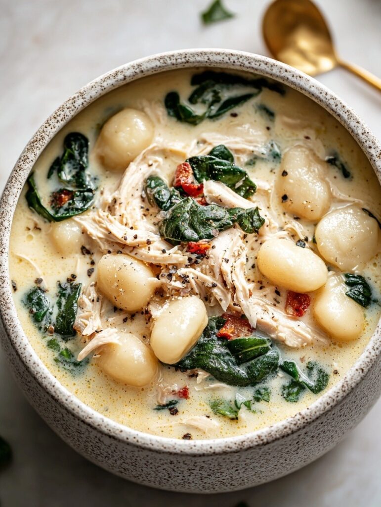Creamy chicken gnocchi soup in bowl with pillowy gnocchi, shredded chicken, spinach, and carrots in rich creamy broth