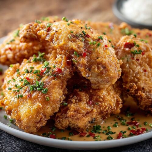 Crispy golden panko-crusted bang bang chicken tenderloins on white plate drizzled with creamy sweet and spicy bang bang sauce and parsley