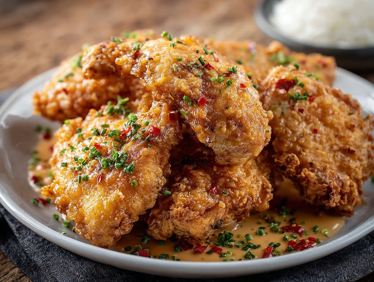 Crispy golden panko-crusted bang bang chicken tenderloins on white plate drizzled with creamy sweet and spicy bang bang sauce and parsley